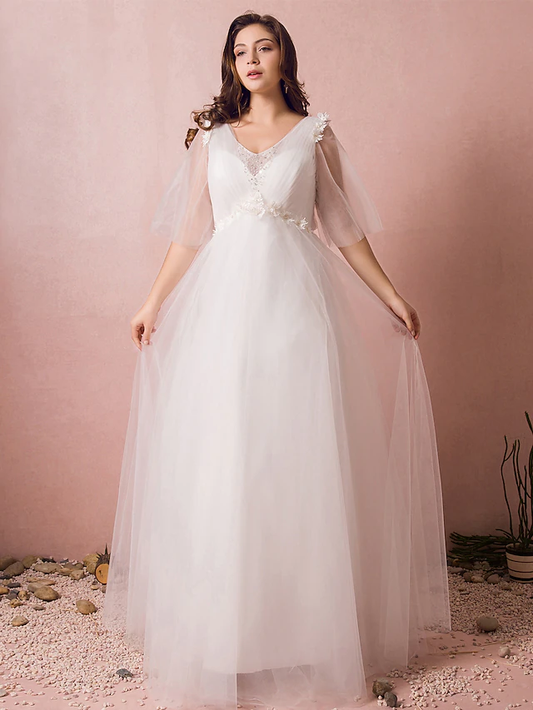 A-Line Wedding Dresses V Neck Floor Length Lace Satin Tulle Half Sleeve Formal Plus Size with Pearls Beading