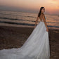A-Line Scoop Neck Sweep Train Tulle Wedding Dress With Appliques Lace Sparkly