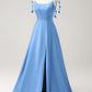 A Line Spaghetti Straps Satin Floor Length Prom Dress with Slit Bridesmaid Dress