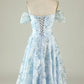 A-Line Blue Party Dress Off The Shoulder Printed Blue Tea-Length Cocktail Dress Homecoming Dress