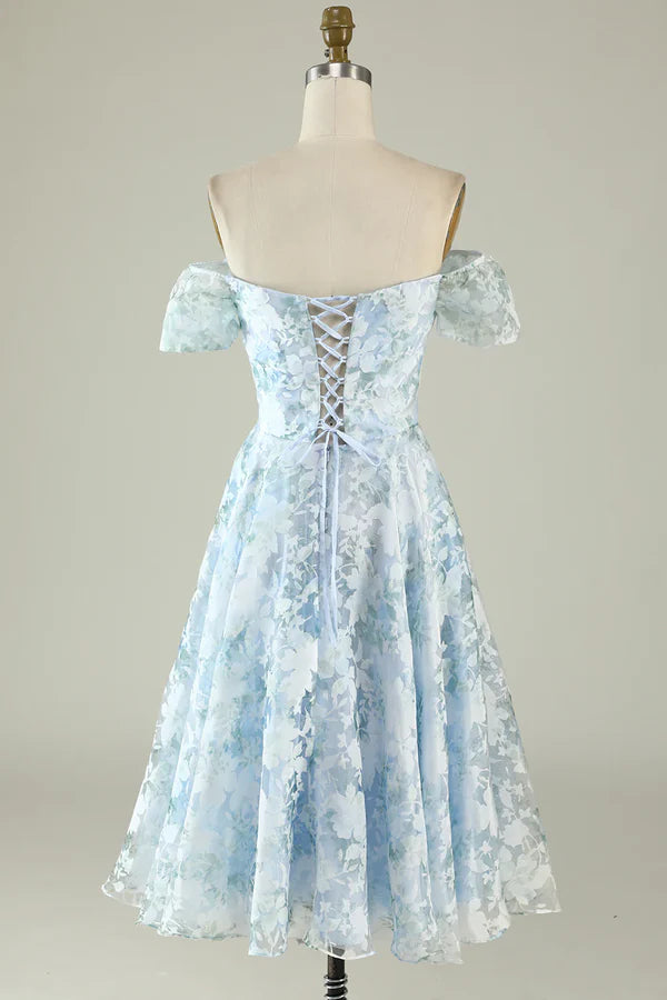 A-Line Blue Party Dress Off The Shoulder Printed Blue Tea-Length Cocktail Dress Homecoming Dress