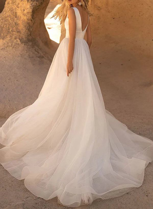 Elegant Satin/Tulle Wedding Dresses With A-Line V-Neck And Sleeveless Design Court Train Floor Length
