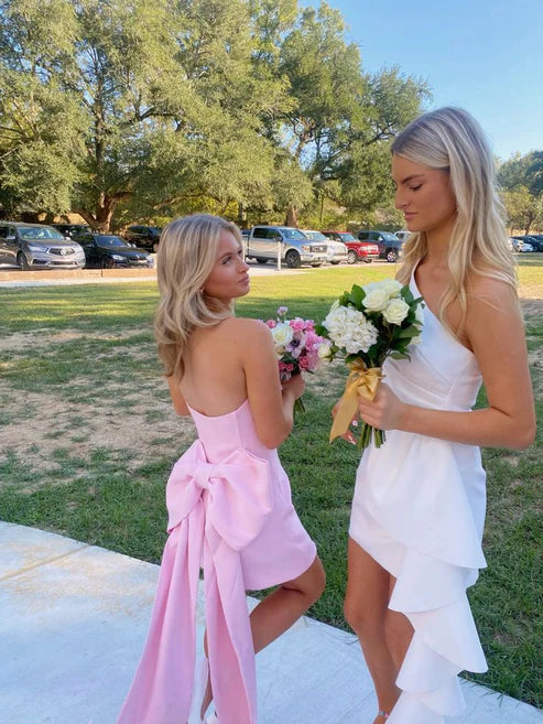 Lovely Pink Sweetheart Bow Sheath Homecoming Dress Off Shoulder Short Party Dress