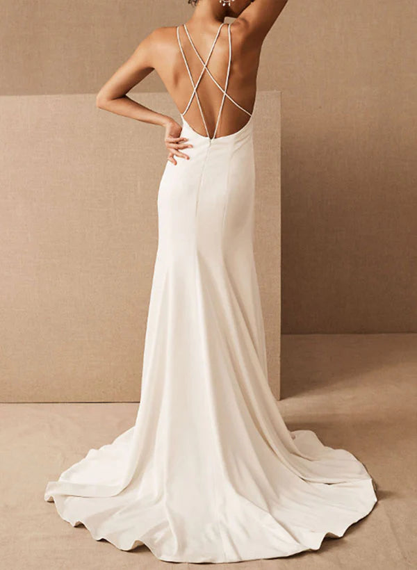 Mermaid Wedding Dresses V Neck Sleeveless With Train Floor Length Simple