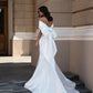 Off-The-Shoulder Sleeveless Satin Sweep Train Wedding Dress With Bow(s) Floor Length Simple