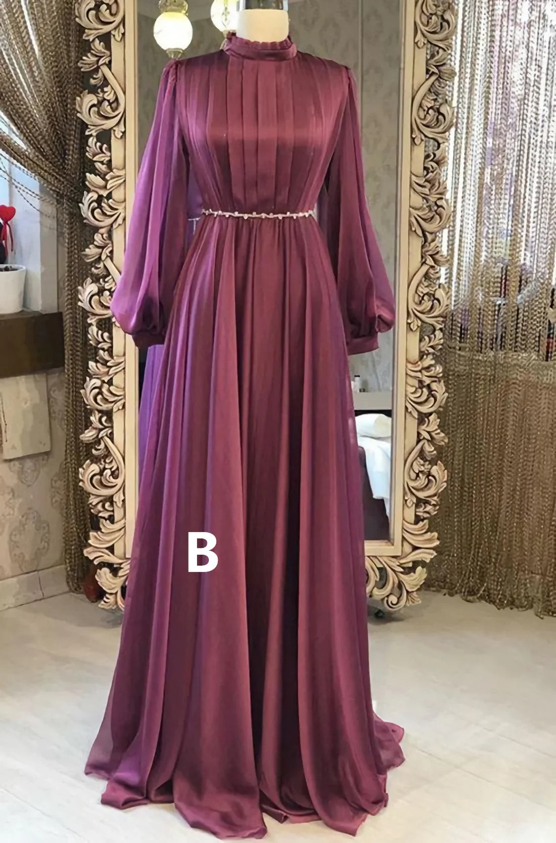 Modest High Neck Long Sleeves A-Line Chiffon Formal Party Dress Elegant Evening Dress