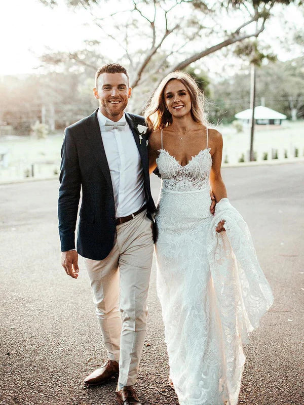 Spaghetti Straps Mermaid Wedding Dresses Lace Bridal Dresses Sleeveless Elegant