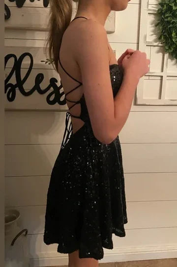 Sparkly A-Line Sequined Sleeveless Short Prom Dress Lovely Homecoming Dress Charming Birthday Party Dress