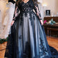 A-Line Evening Gown Black Dress Formal Wedding Court Train Sleeveless V Neck Fall Wedding Reception Tulle with Slit Appliques Sparkly