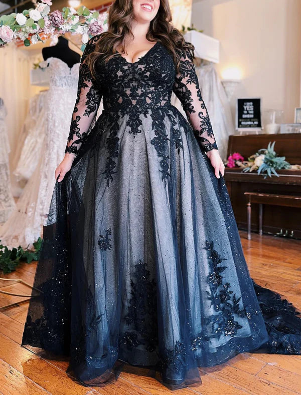 A-Line Evening Gown Black Dress Formal Wedding Court Train Sleeveless V Neck Fall Wedding Reception Tulle with Slit Appliques Sparkly