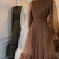 Brown Tulle Long Sleeves A-Line Formal Party Dress Elegant Evening Dress wedding guest dress