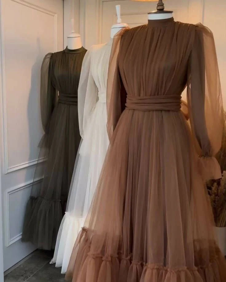 Brown Tulle Long Sleeves A-Line Formal Party Dress Elegant Evening Dress wedding guest dress