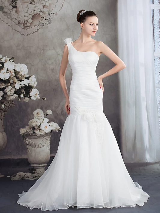 Wedding Dresses One Shoulder Court Train Organza Spaghetti Strap with Ruched