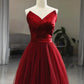 Wine Red Tea Length Tulle V-neckline Prom Dress Tulle Party Dress Off Shoulder