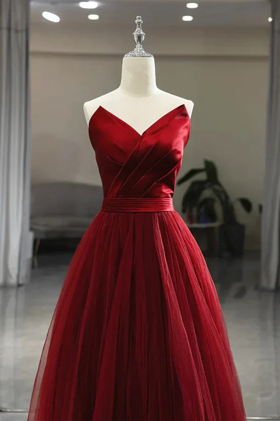 Wine Red Tea Length Tulle V-neckline Prom Dress Tulle Party Dress Off Shoulder