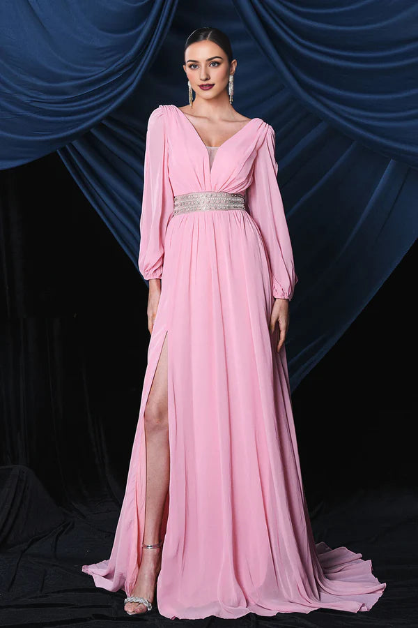 Pink Chiffon Long Sleeves Formal Prom Dress With Slit Evening Dress Wedding Guest Dress