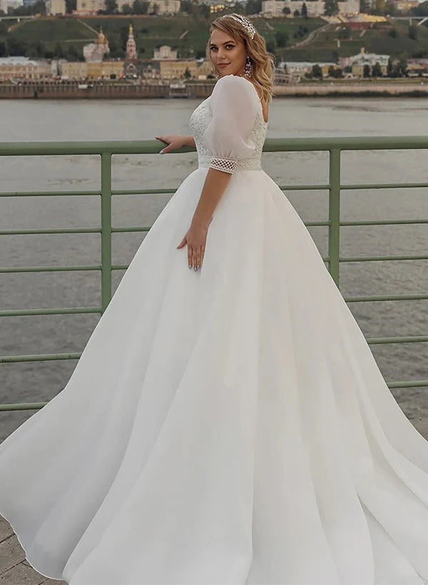 Boho Ball-Gown V-Neck Organza Wedding Dresses With Lace Appliques Sleeves Elegant