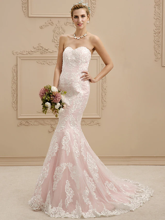 Wedding Dresses Sweetheart Neckline Court Train Lace Strapless Sexy Illusion Detail
