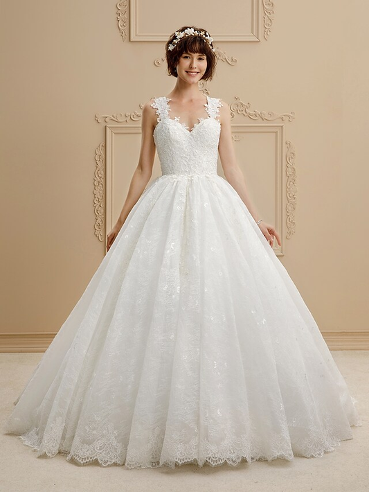 Ball Gown Wedding Dresses Sweetheart Neckline Tulle All Over Lace Regular Straps Glamorous Illusion Detail