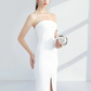 Minimalist Elegant Engagement Cocktail Party Dress Strapless Sleeveless Knee Length Stretch Fabric with Sleek