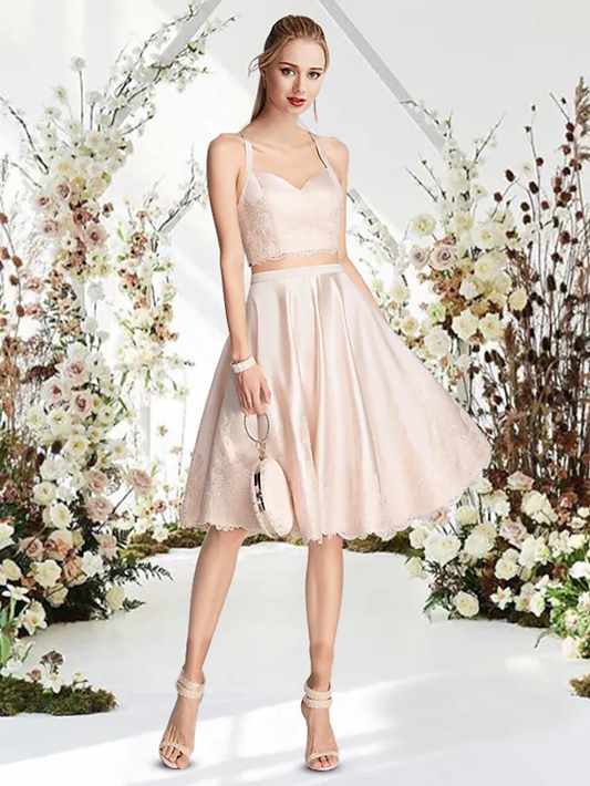 A-Line Reformation Amante Sexy Engagement Cocktail Party Dress Jewel Neck Sleeveless Short Mini Lace Satin
