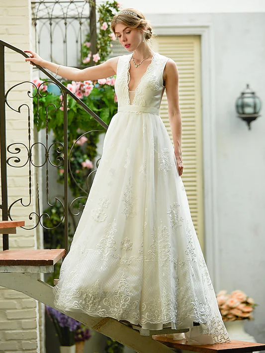A-Line Wedding Dresses Plunging Neck Lace Over Tulle Sleeveless See-Through Beautiful Back Illusion Detail with Sash Ribbon