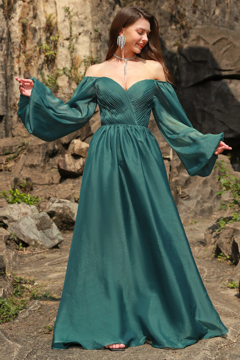 A Line Sweetheart Dark Green Plus Size Prom Dress with Long Sleeves Sexy