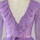 Long Sleeves Purple Sparkly Homecoming Dress With Stars Sequins V-neck