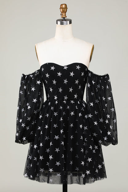 Off The Shoulder Black Stars A Line Homecoming Dress Short