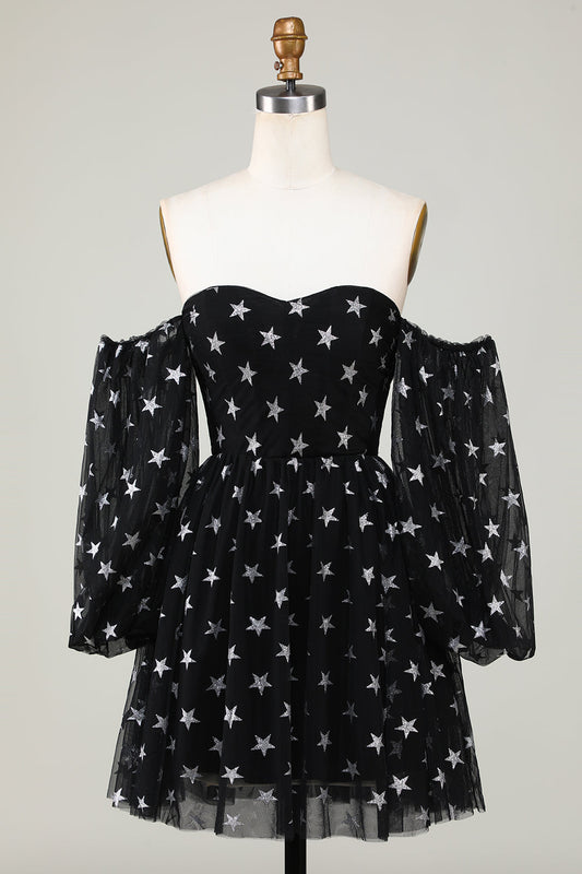 Off The Shoulder Black Stars A Line Homecoming Dress Short