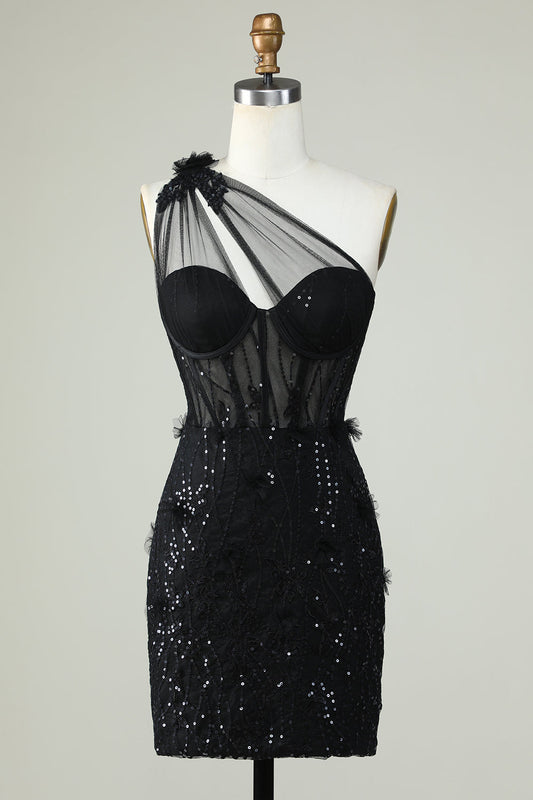 One Shoulder Black Corset Homecoming Dress With Sequins Sexy