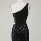 Sparkly Bodycon One Shoulder Black Sequins Short Homecoming Dress With Cut Out Sexy