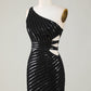 Sparkly Bodycon One Shoulder Black Sequins Short Homecoming Dress With Cut Out Sexy