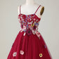 Gorgeous A Line Spaghetti Straps Burgundy Short Homecoming Dress With 3D Flowers Beautiful