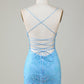 Sparkly Blue Spaghetti Straps Tight Short Homecoming Dress With Beading Sexy