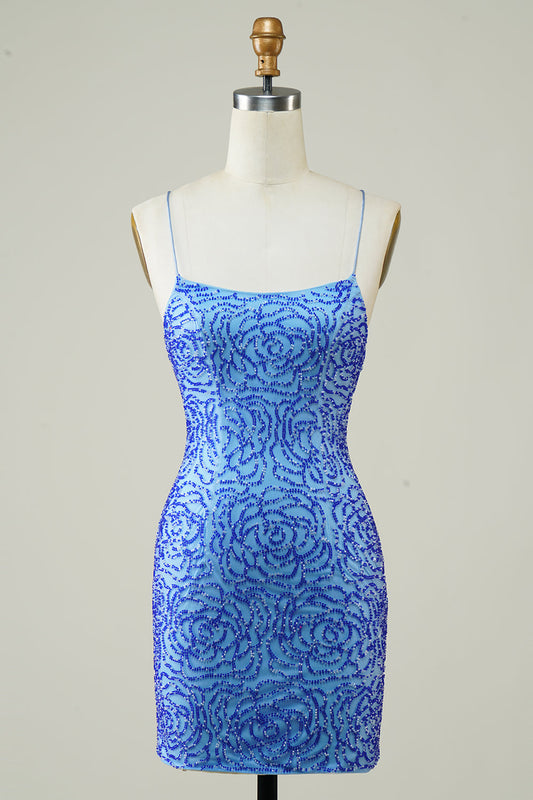 Glitter Tight Blue Short Homecoming Dress Wiyh Beaded Sexy