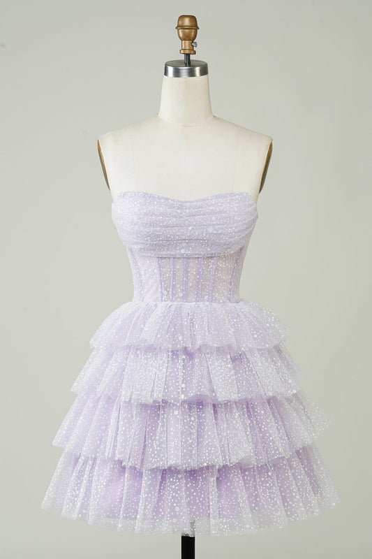 Lilac Corset Cute Tiered Sparkly Homecoming Dress With Ruffles Off Shoulder
