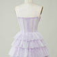 Lilac Corset Cute Tiered Sparkly Homecoming Dress With Ruffles Off Shoulder