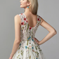 A-Line White Floral Quinceanera Formal Evening Valentine's Day Dress V Neck Sleeveless Floor Length Lace Tulle with Embroidery