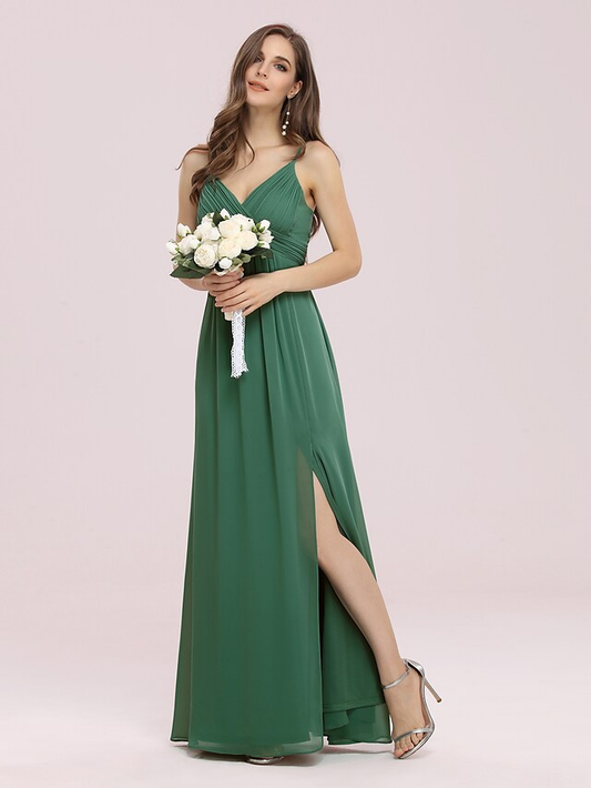 A-Line V Neck Floor Length Chiffon Bridesmaid Dress with Ruching Pure Color