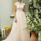 A-Line Wedding Dresses High Neck Sweep Brush Train Tulle Short Sleeve Open Back with Bowknot Sash Ribbon