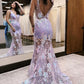 V Neck Mermaid Sequin Lace Long Prom Dresses Sexy Evening Dress With Flowers