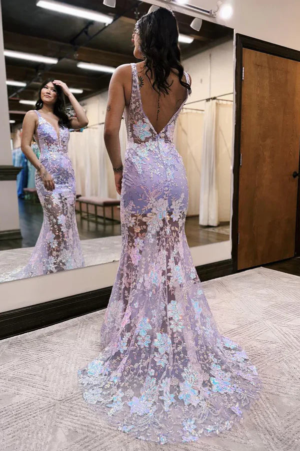 V Neck Mermaid Sequin Lace Long Prom Dresses Sexy Evening Dress With Flowers