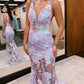 V Neck Mermaid Sequin Lace Long Prom Dresses Sexy Evening Dress With Flowers