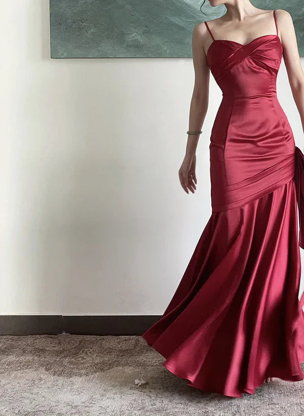 Wine Red Satin Sweetheart Straps Prom Dress Wine Red Long Evening Dress Party Dress