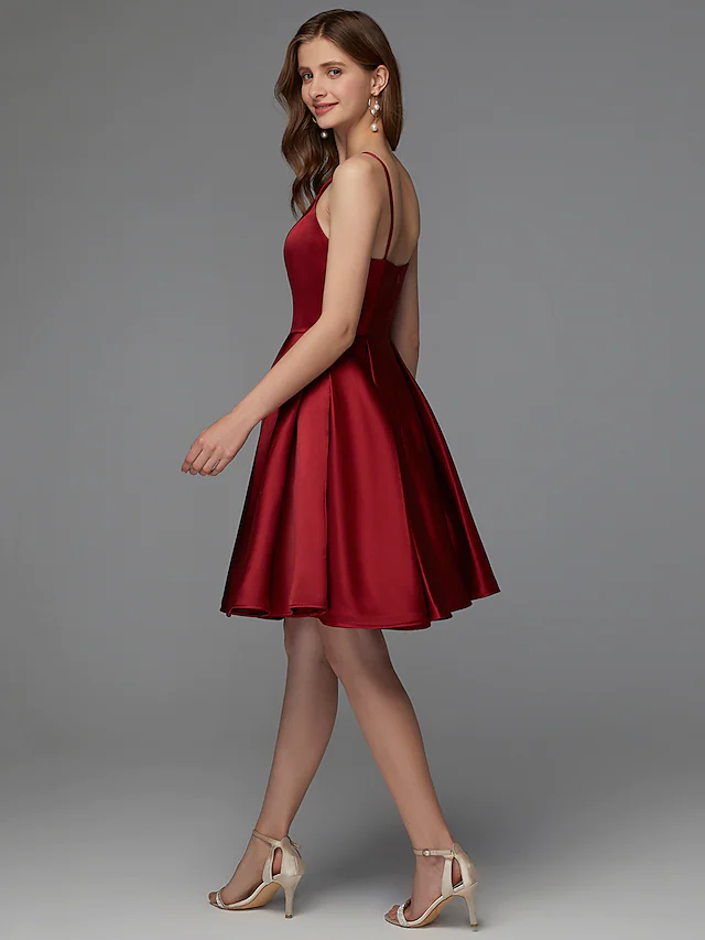 A-Line Hot Homecoming Cocktail Party Valentine's Day Dress V Neck Sleeveless Short Mini Satin