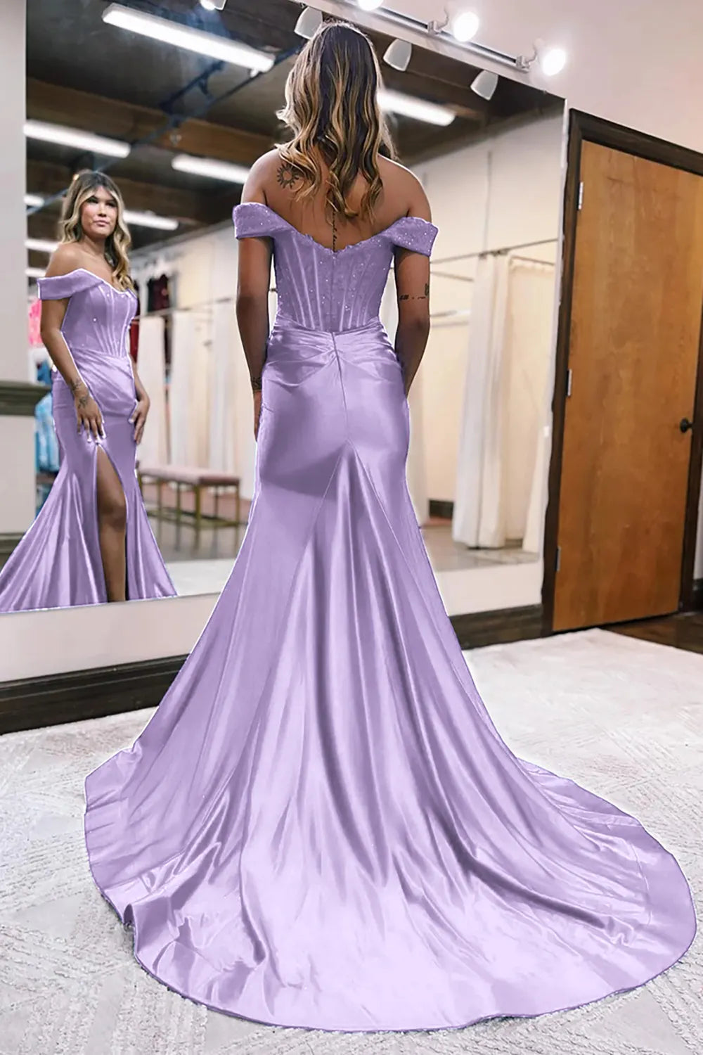 Mermaid Off The Shoulder Court Long Prom Dress With Split Charming Evening Party Dress