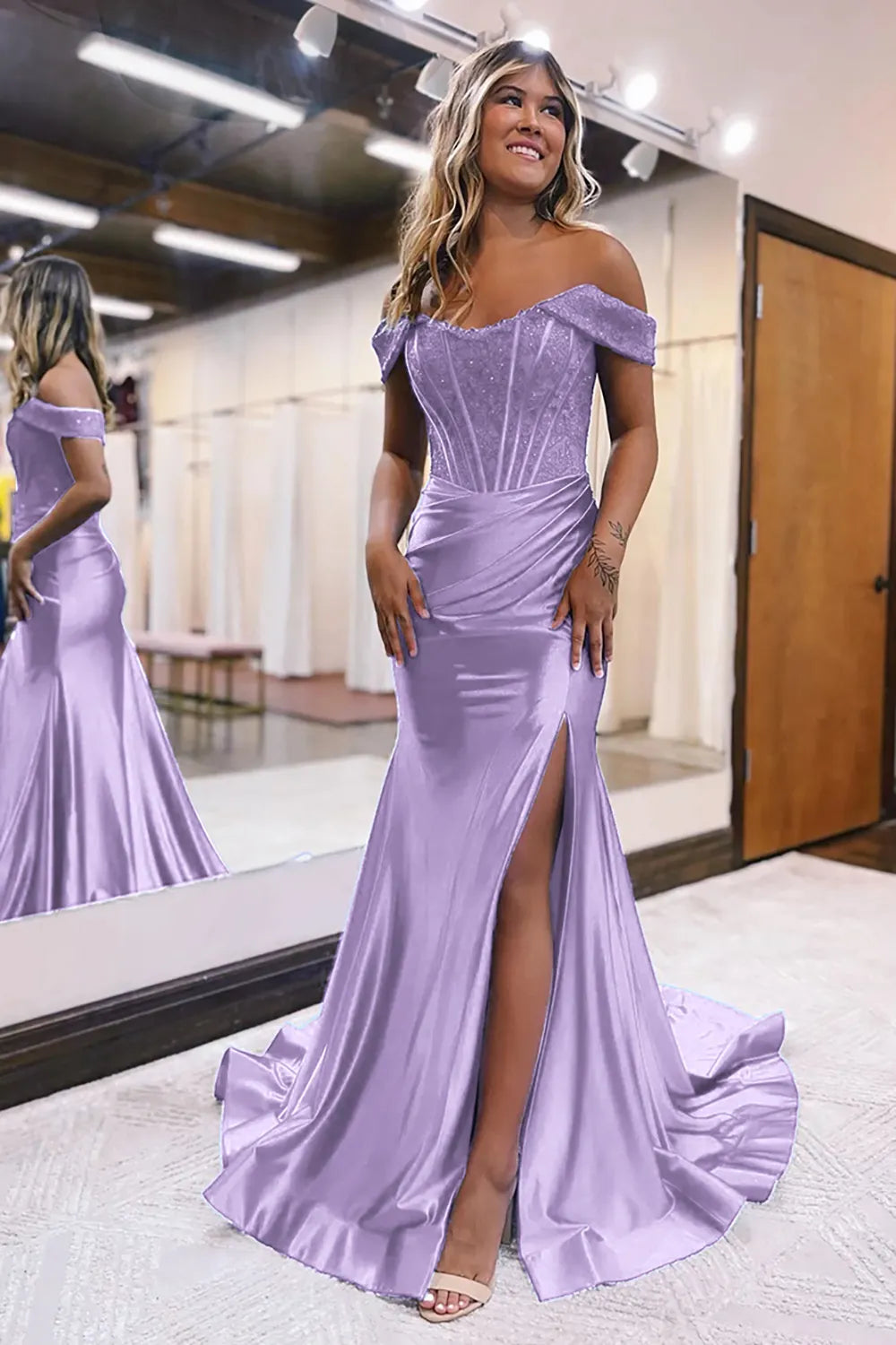 Mermaid Off The Shoulder Court Long Prom Dress With Split Charming Evening Party Dress