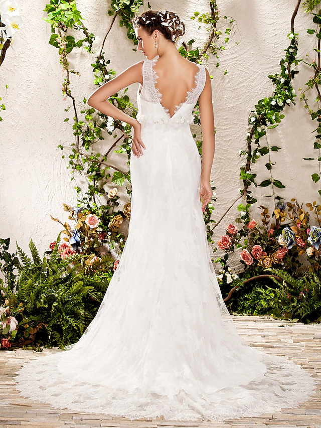 Wedding Dresses V Neck Chapel Train Lace Sleeveless Long Pure Color