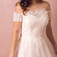 A-Line Wedding Dresses Off Shoulder Floor Length Lace Satin Tulle Short Sleeve Formal Plus Size with Lace Pearls Lace